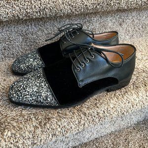 Piergitar Men's Black Oxford Leather Velvet Silver Glitter Toe Red Bottom Shoes